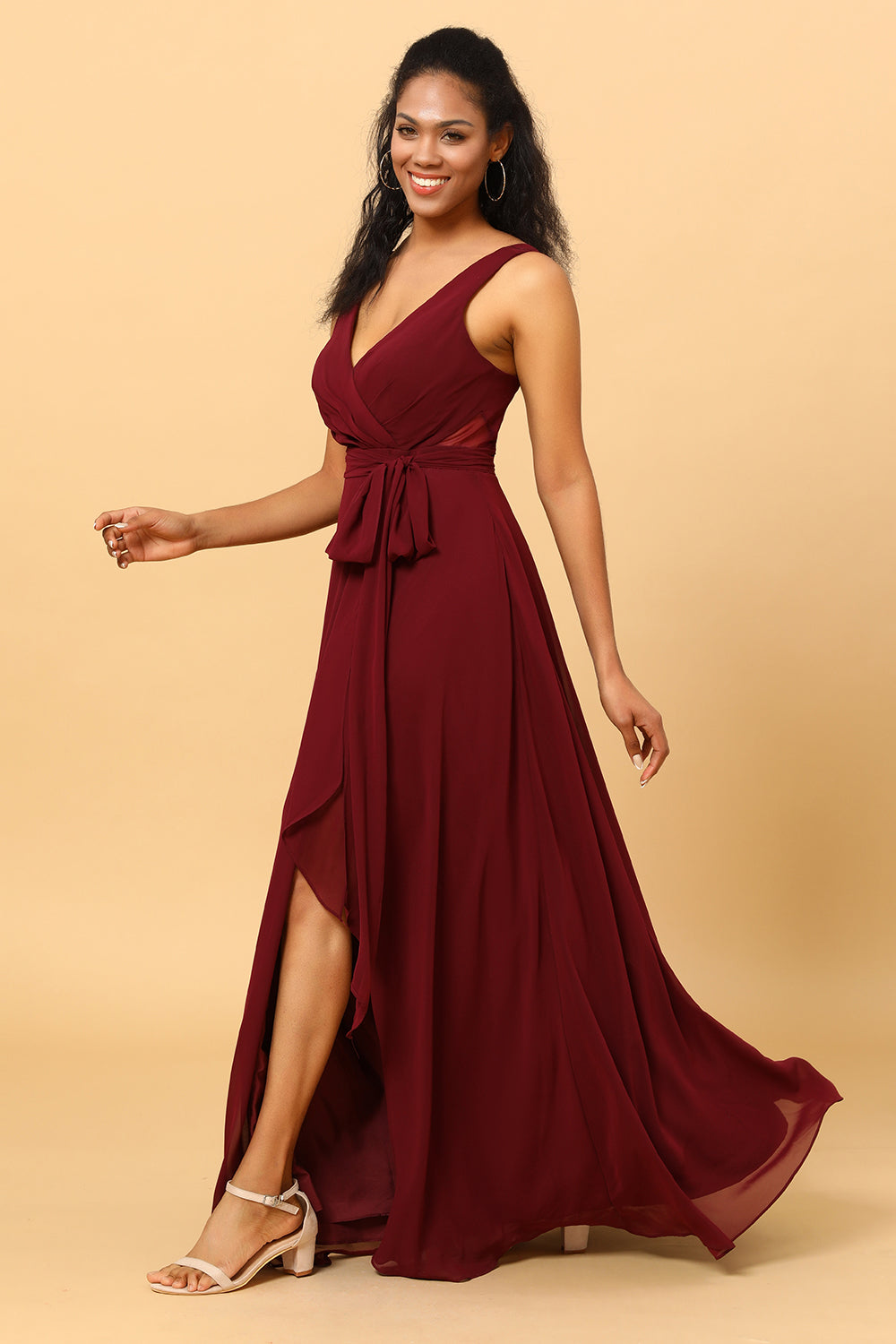 Cabernet V Neck Sleeveless Floor Length Chiffon Bridesmaid Dress