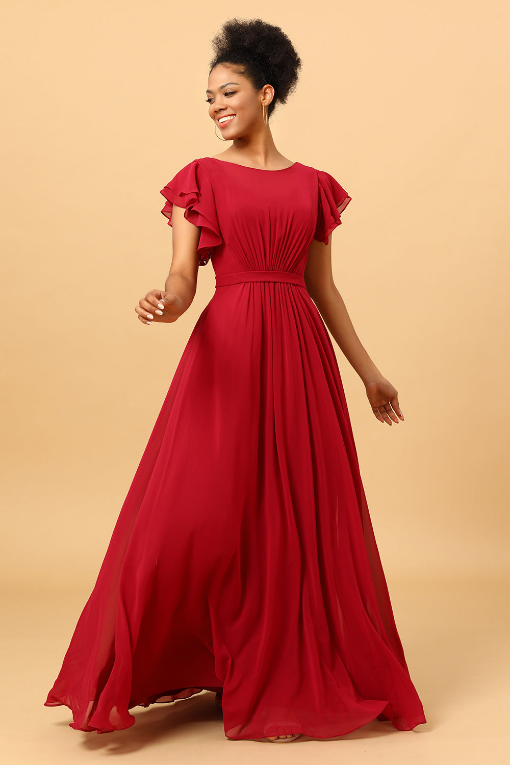 Burgundy Ruched Long Chiffon Bridesmaid Dress with Ruffles