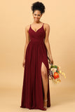 Burgundy A-Line Spaghetti Straps Ruched Long Chiffon Bridesmaid Dress with Slit