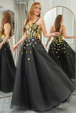 Black Golden Sequins A Line Long Corset Mirror Prom Dress