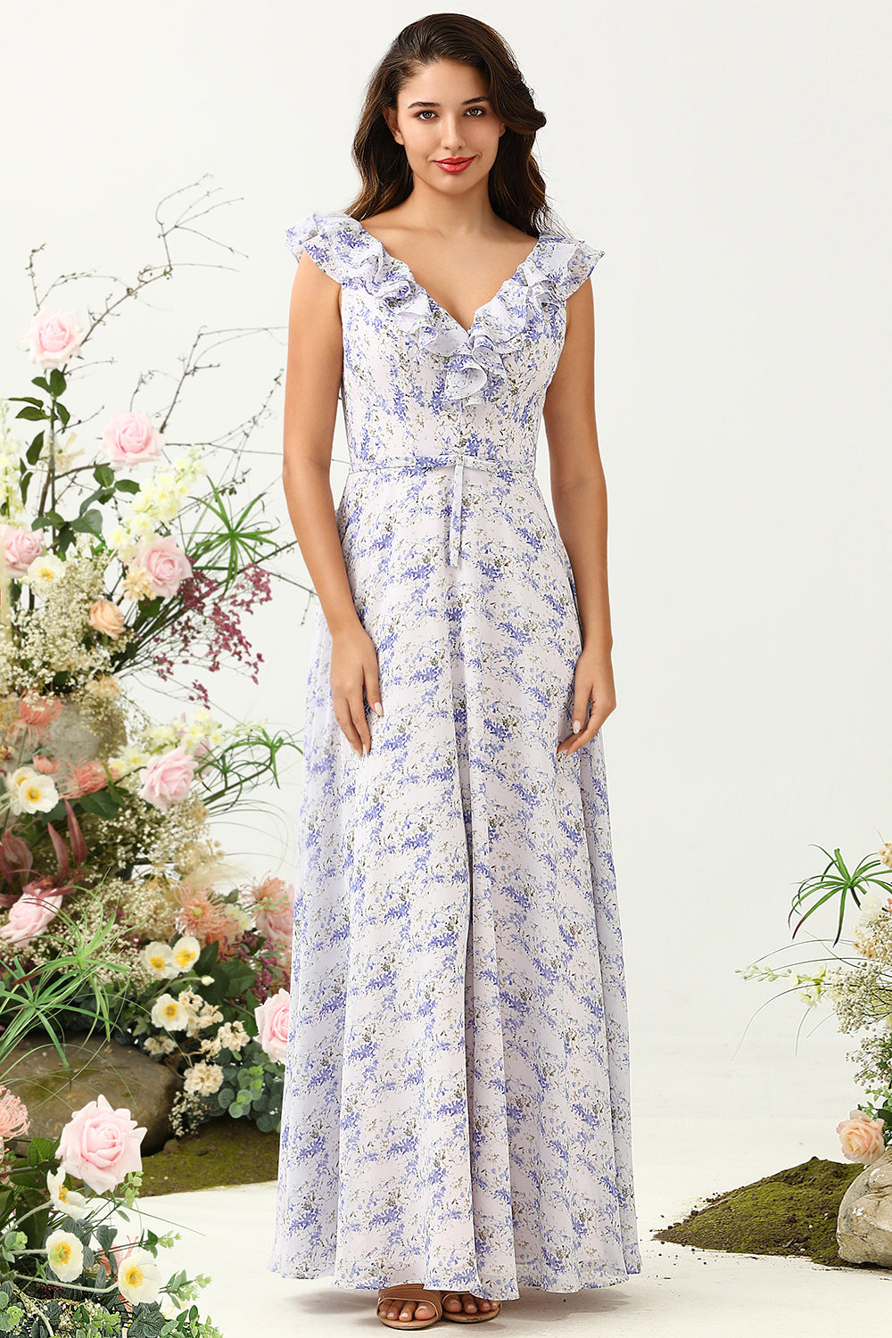 Lignt Purple Flower A Line V Neck Chiffon Plus Size Bridesmaid Dress with Open Back