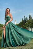 A Line One Shoulder Long Satin Bridesmaid Dress with Split Front