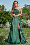 A Line One Shoulder Long Satin Bridesmaid Dress with Split Front
