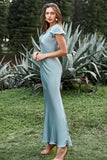Grey Blue Mermaid V Neck Satin Simple Bridesmaid Dress with Ruffles