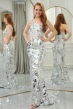 Sparkly Silver Mermaid Cut Out One Shoulder Long Prom Dress With Sequins