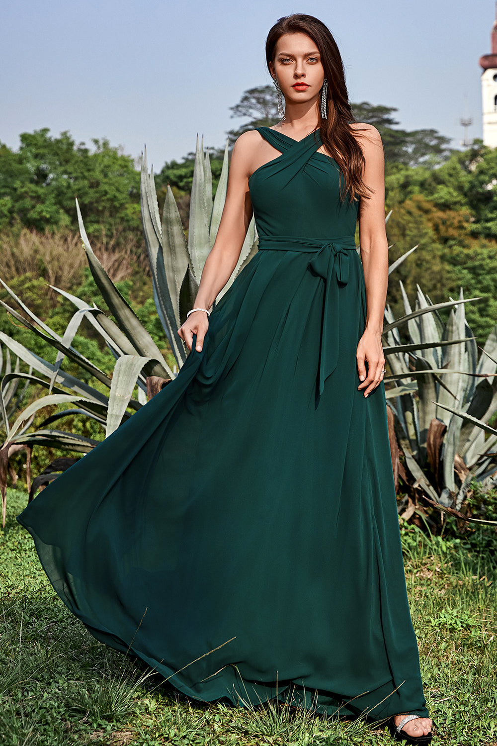 A-Line Halter Floor-Length Pine Chiffon Bridesmaid Dress