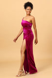 Fuchsia One Shoulder Long Velvet Bridesmaid Dress with Slit