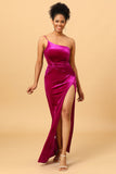Fuchsia One Shoulder Long Velvet Bridesmaid Dress with Slit