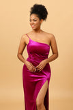 Fuchsia One Shoulder Long Velvet Bridesmaid Dress with Slit