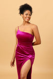 Fuchsia One Shoulder Long Velvet Bridesmaid Dress with Slit