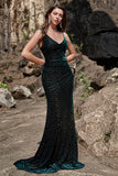 Mermaid Spaghetti Straps V Neck Green Long Velvet Bridesmaid Dress