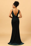 Dark Green Mermaid Velvet Backless Long Bridesmaid Dress