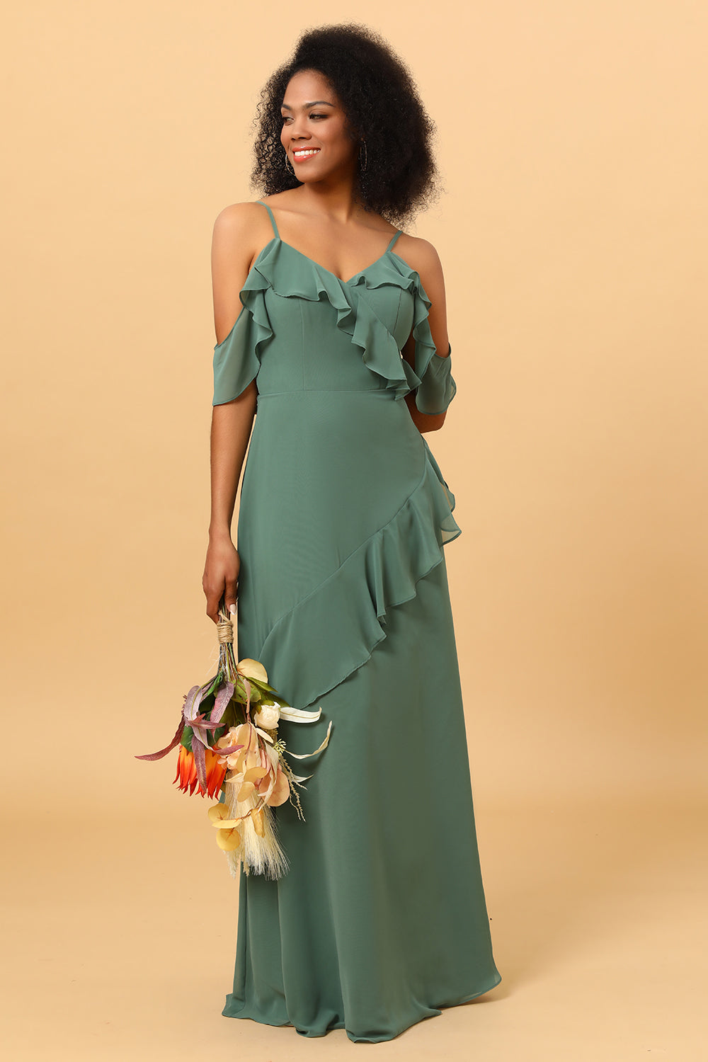 Eucalyptus Spaghetti Straps Long Chiffon Bridesmaid Dress with Ruffles