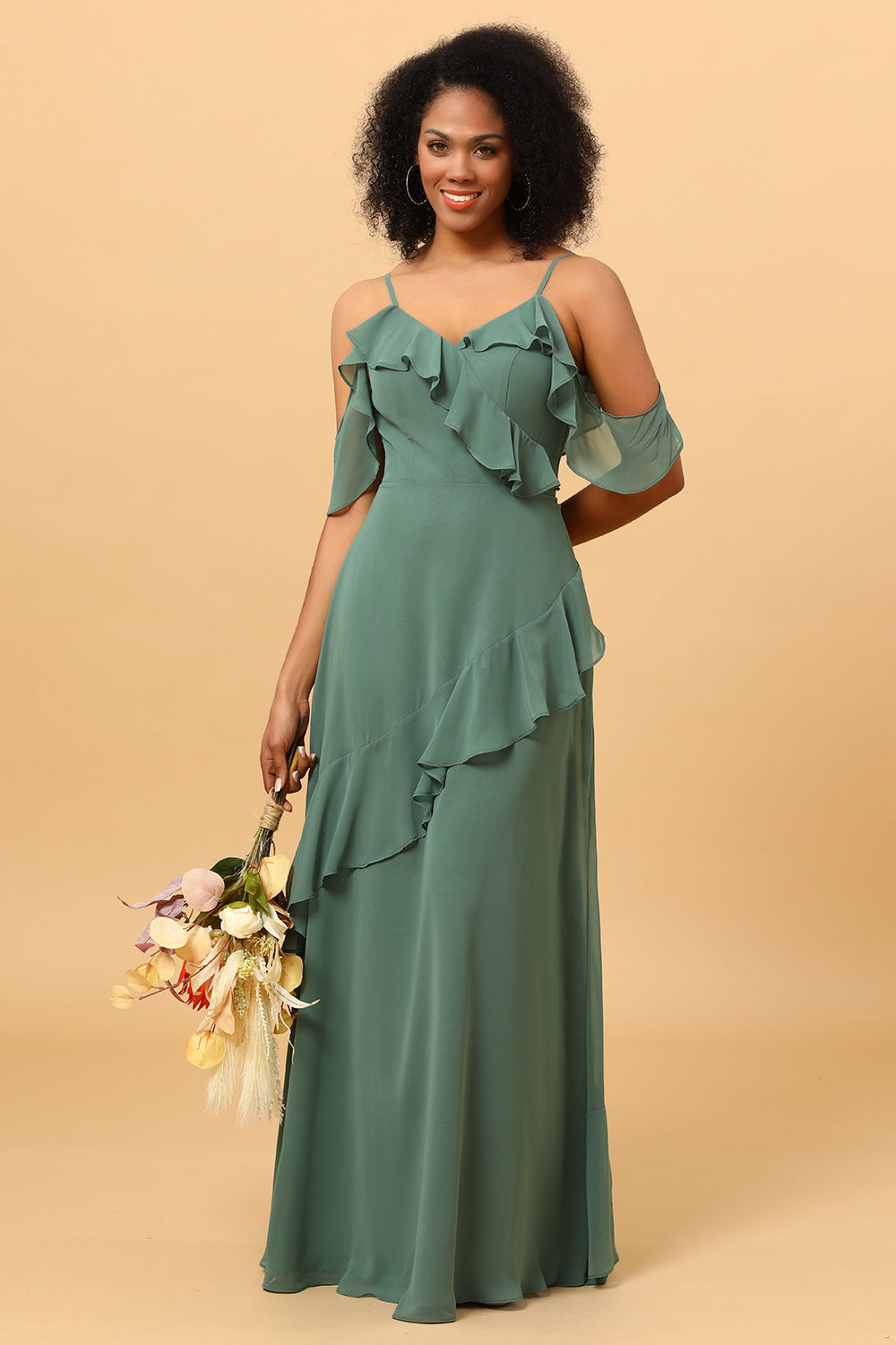 Eucalyptus Spaghetti Straps Long Chiffon Bridesmaid Dress with Ruffles