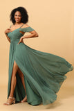 Eucalyptus A Line Spaghetti Straps Chiffon Bridesmaid Dress with Slit