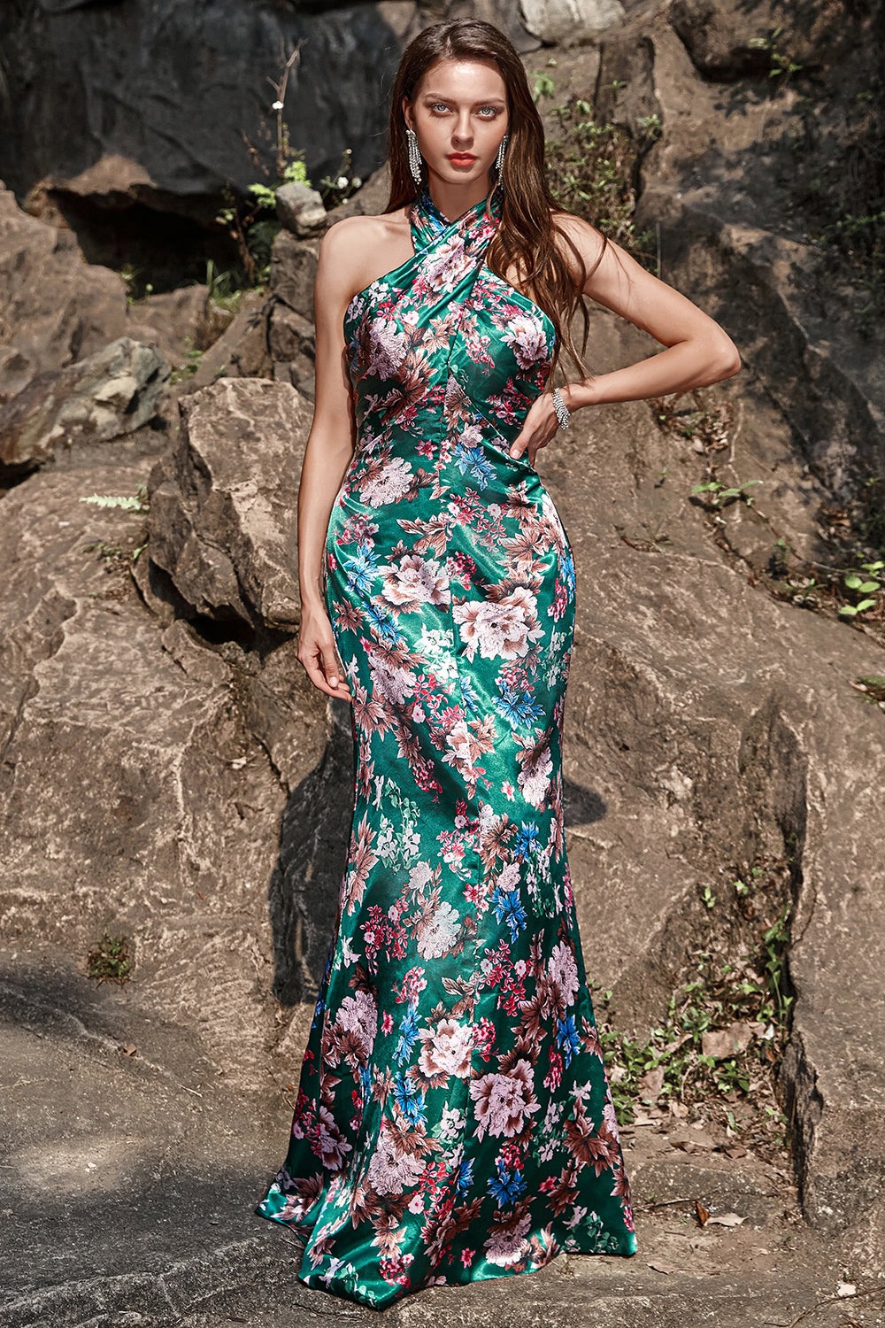 Flower Print Mermaid Halter Floor Length Green Satin Bridesmaid Dress
