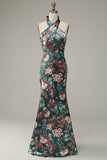 Flower Mermaid Halter Floor Length Print Satin Bridesmaid Dress