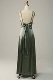 Dusty Green Sheath Spaghetti Straps Tied Back Satin Bridesmaid Dress
