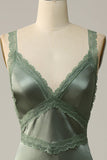 Dusty Green Sheath Spaghetti Straps Tied Back Satin Bridesmaid Dress