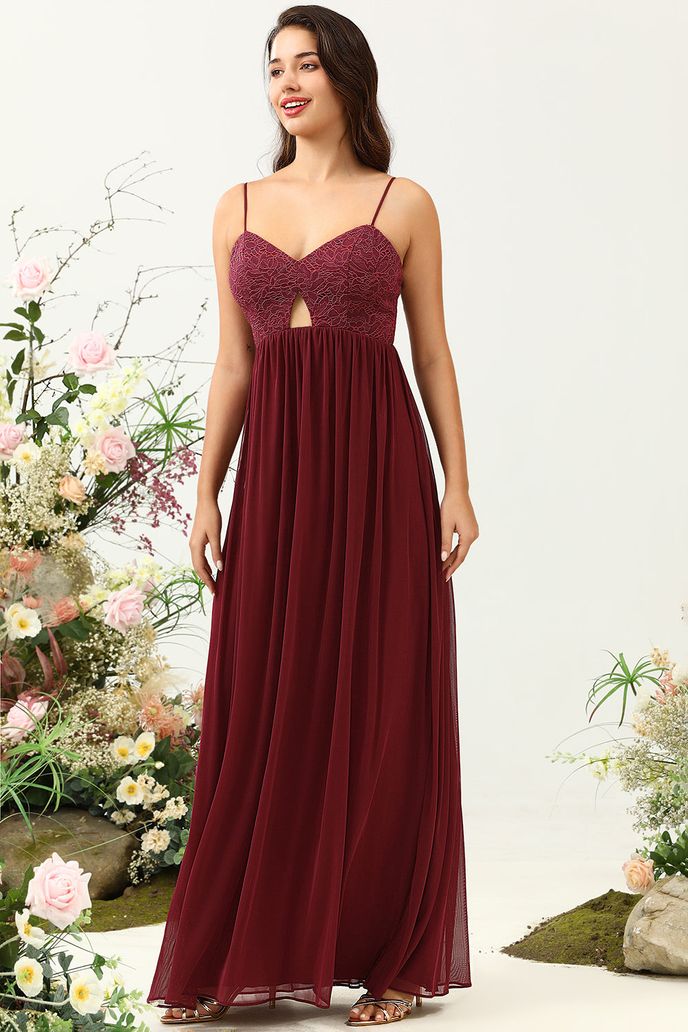 Burgundy A Line Spaghetti Straps Chiffon Bridesmaid Dress with Ruffles