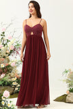 Burgundy A Line Spaghetti Straps Chiffon Bridesmaid Dress with Ruffles