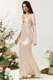 Champagne A Line V Neck Satin Bridesmaid Dress with Long Sleeves