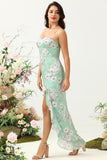 Light Green Sheath Spaghetti Straps Floral Printed Bridesmaid Dress with Split Front
