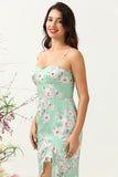 Light Green Sheath Spaghetti Straps Floral Printed Bridesmaid Dress with Split Front