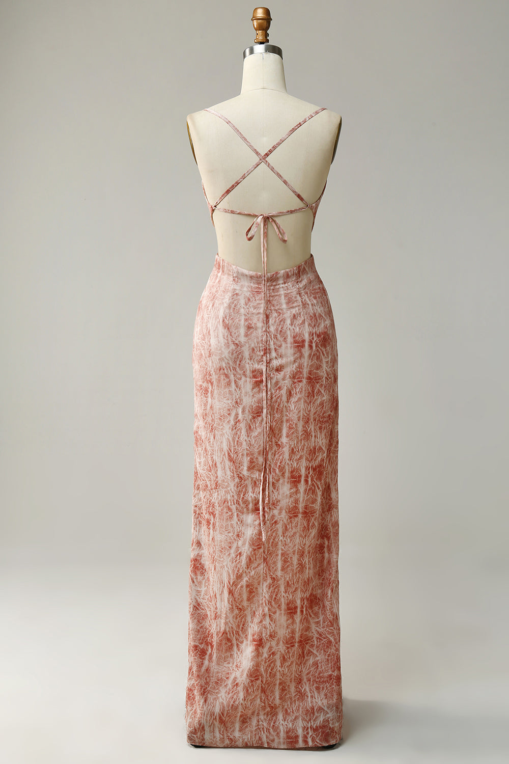 Blush Sheath Spaghetti Straps Backless Stretch Crepe Bridesmaid Dress with Slit