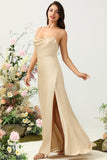 Champagne A Line Cowl Neck Spaghetti Straps Satin Bridesmaid Dress with Slit