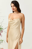 Champagne A Line Cowl Neck Spaghetti Straps Satin Bridesmaid Dress with Slit