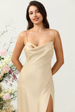 Champagne A Line Cowl Neck Spaghetti Straps Satin Bridesmaid Dress with Slit