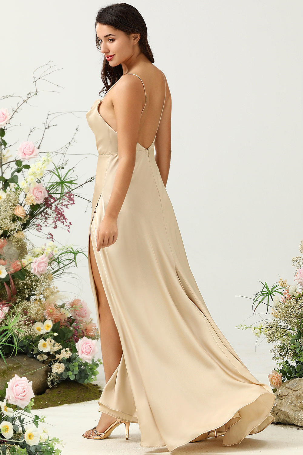 Champagne A Line Cowl Neck Spaghetti Straps Satin Bridesmaid Dress with Slit