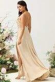 Champagne A Line Cowl Neck Spaghetti Straps Satin Bridesmaid Dress with Slit