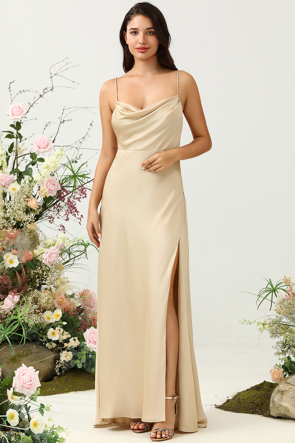 Champagne A Line Cowl Neck Spaghetti Straps Satin Bridesmaid Dress with Slit