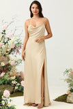 Champagne A Line Cowl Neck Spaghetti Straps Satin Bridesmaid Dress with Slit