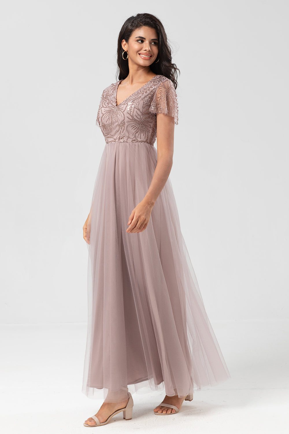 A-Line V Neck Embroidered Tulle Dusty Blue Bridesmaid Dress with Beading
