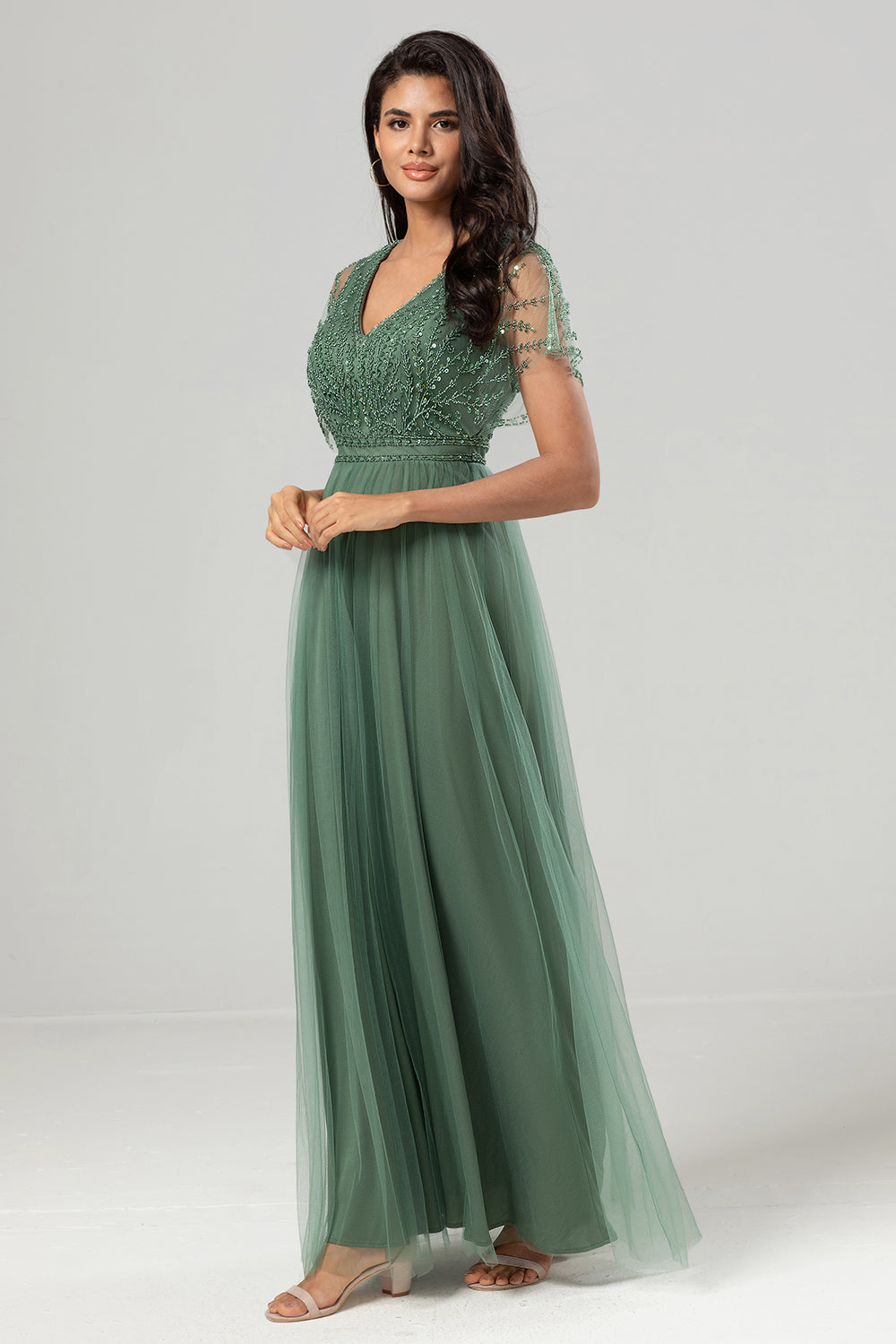 Tulle A-Line Beaded Embroidered Tulle Eucalyptus Bridesmaid Dress