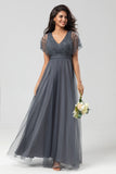 Tulle A-Line Beaded Embroidered Tulle Eucalyptus Bridesmaid Dress