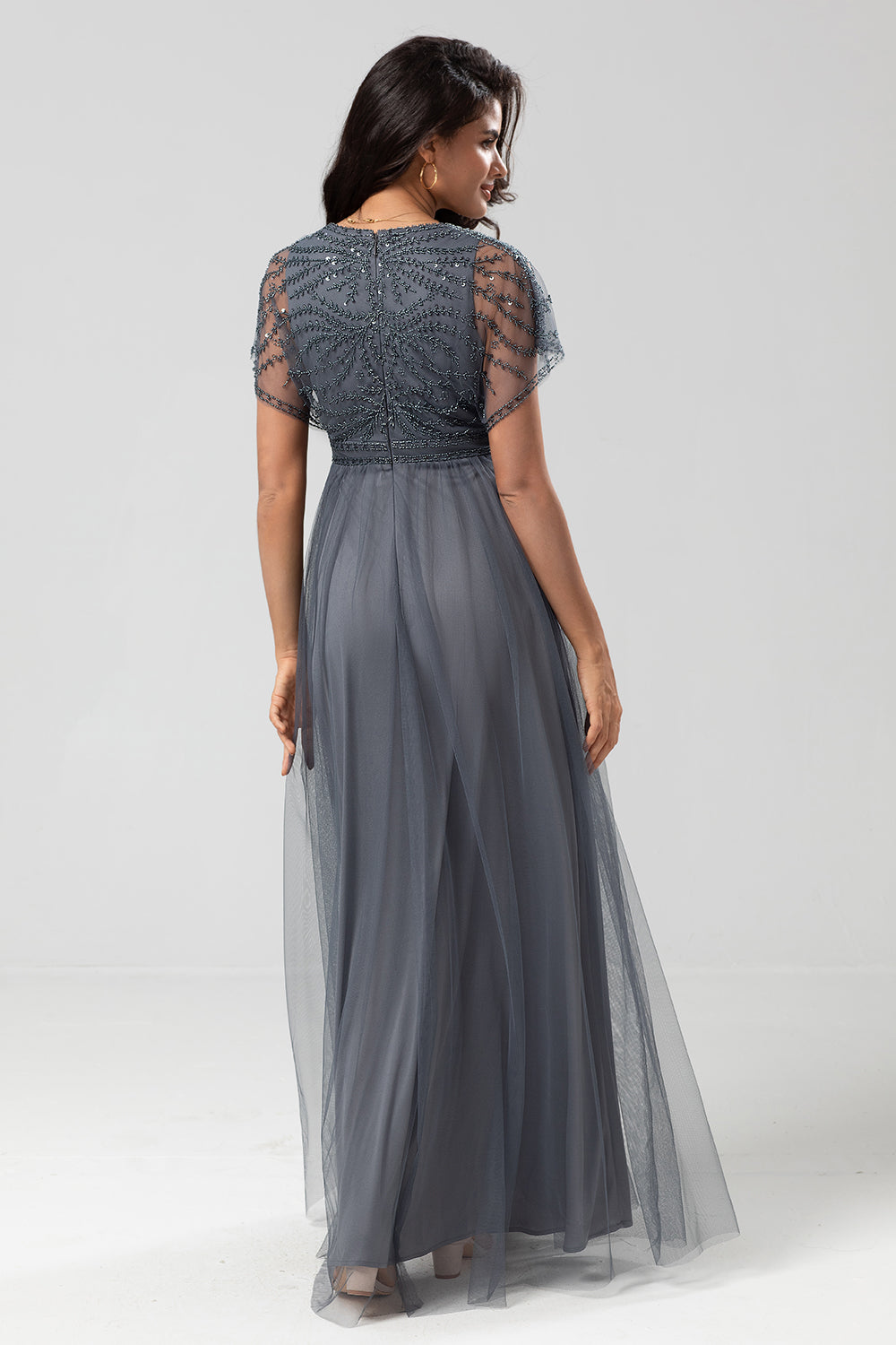 Tulle A-Line Beaded Embroidered Tulle Eucalyptus Bridesmaid Dress