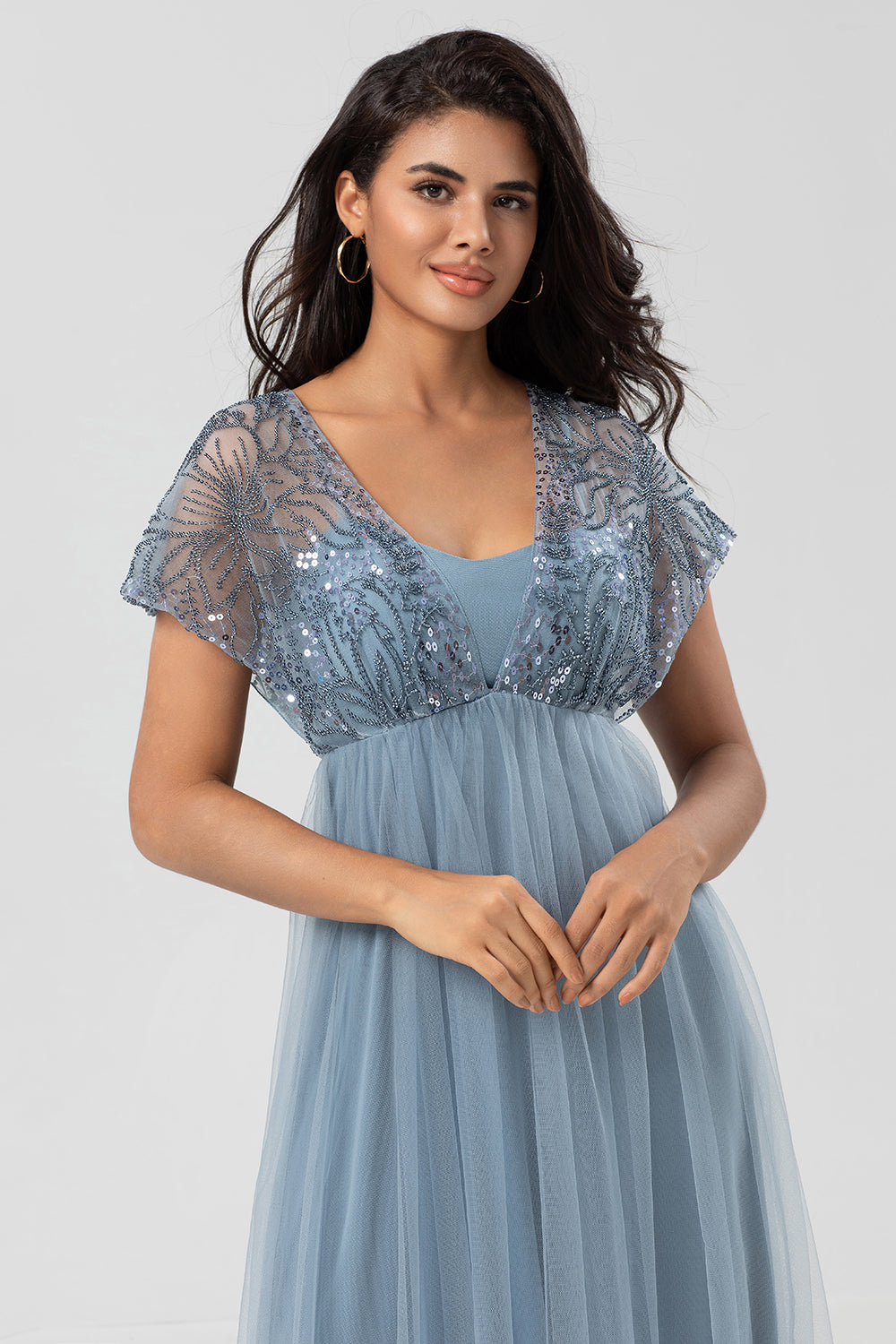 A-Line V Neck Beaded Tulle Bridesmaid Dress with Short Sleeves