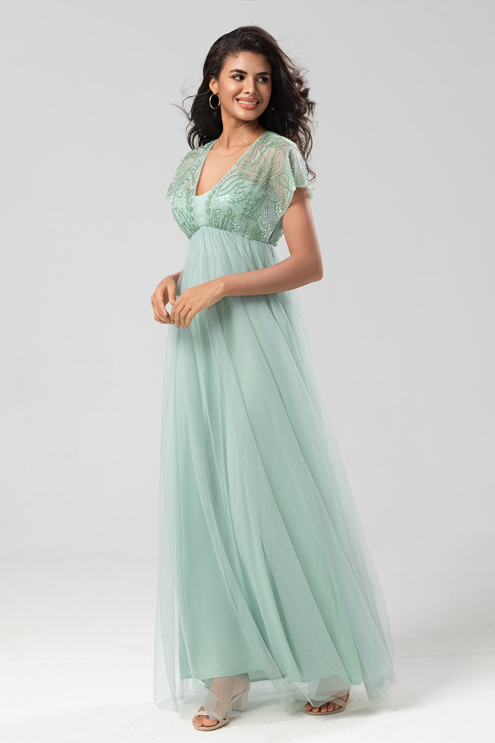 A-Line V Neck Beaded Tulle Bridesmaid Dress with Short Sleeves