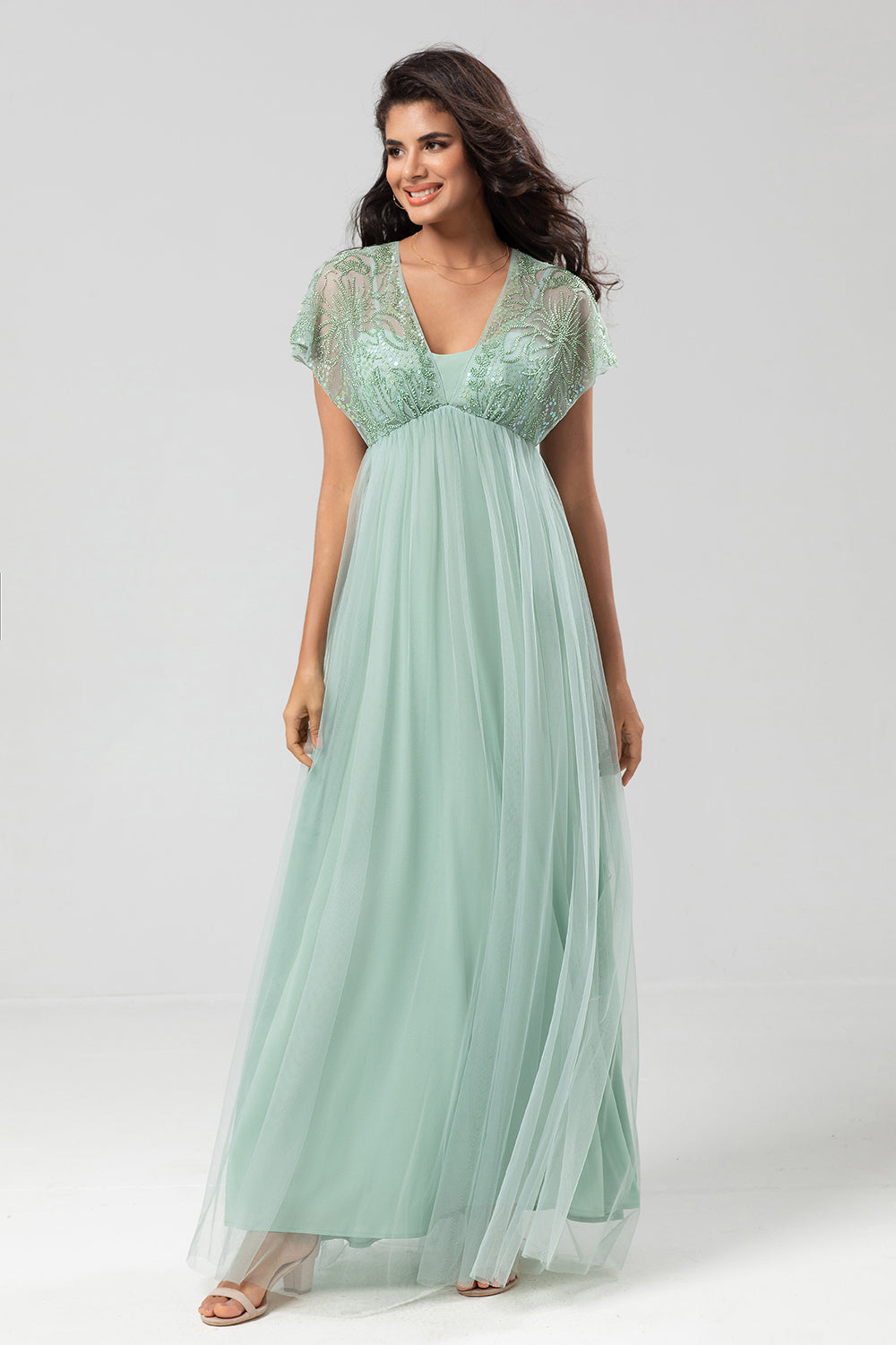 A-Line V Neck Beaded Tulle Bridesmaid Dress with Short Sleeves