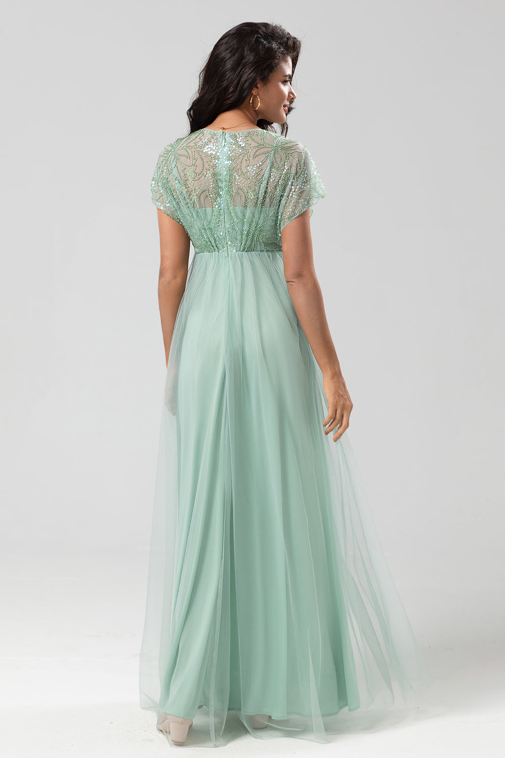 A-Line V Neck Beaded Tulle Bridesmaid Dress with Short Sleeves