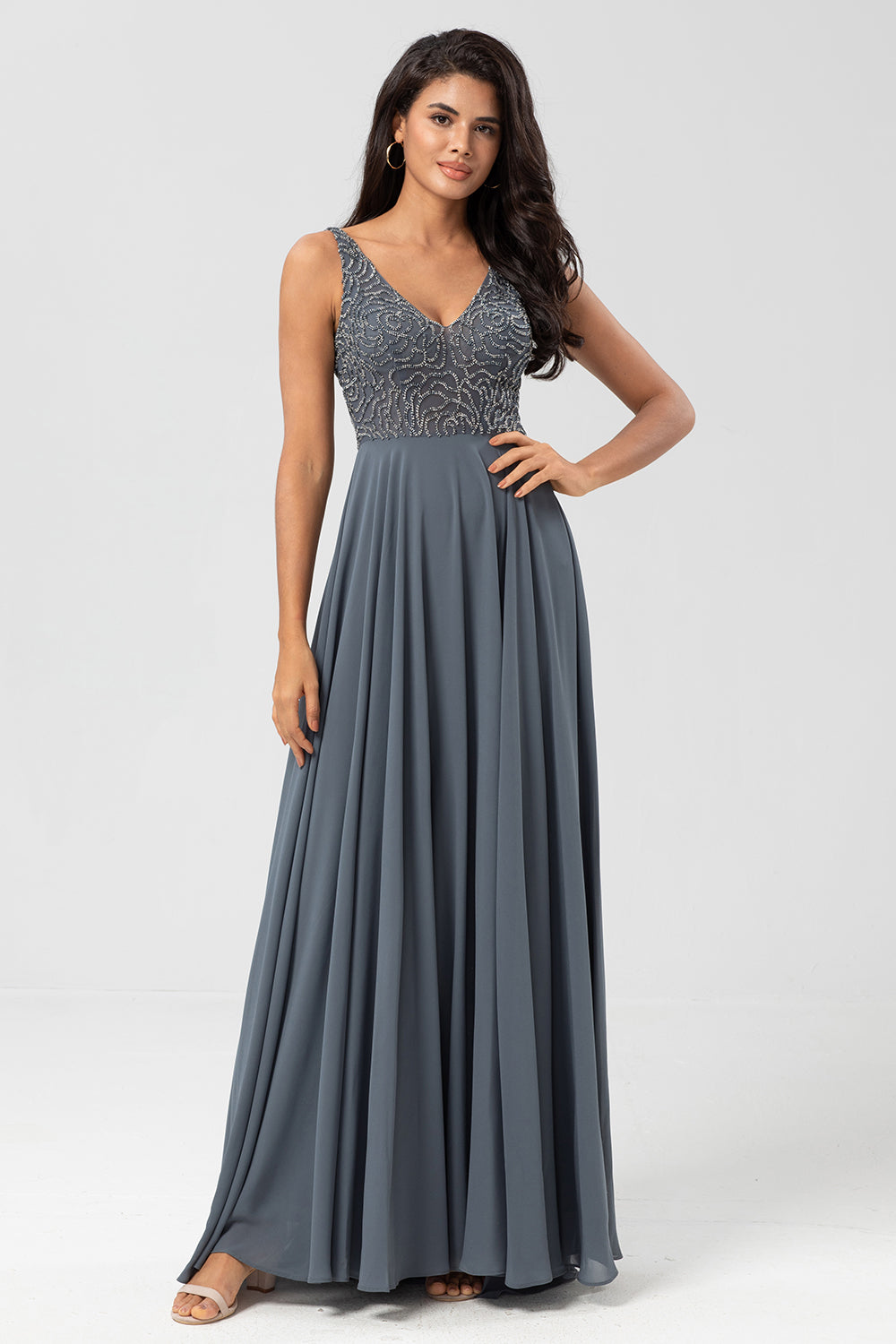 A-Line Beaded Eucalyptus Long Bridesmaid Dress
