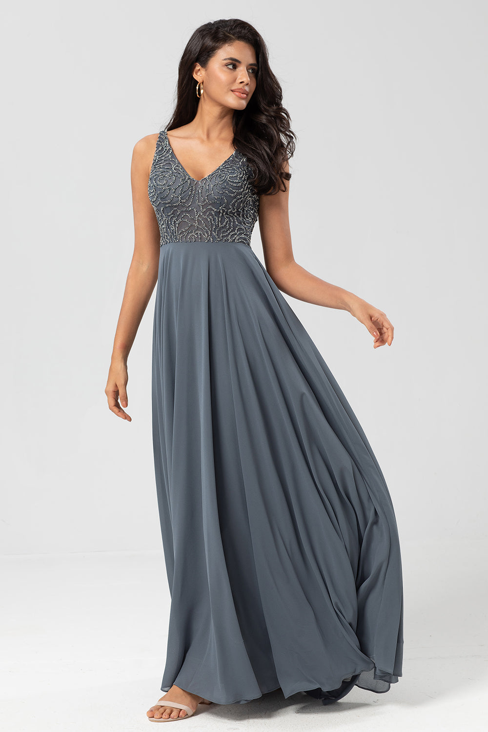 A-Line Beaded Eucalyptus Long Bridesmaid Dress