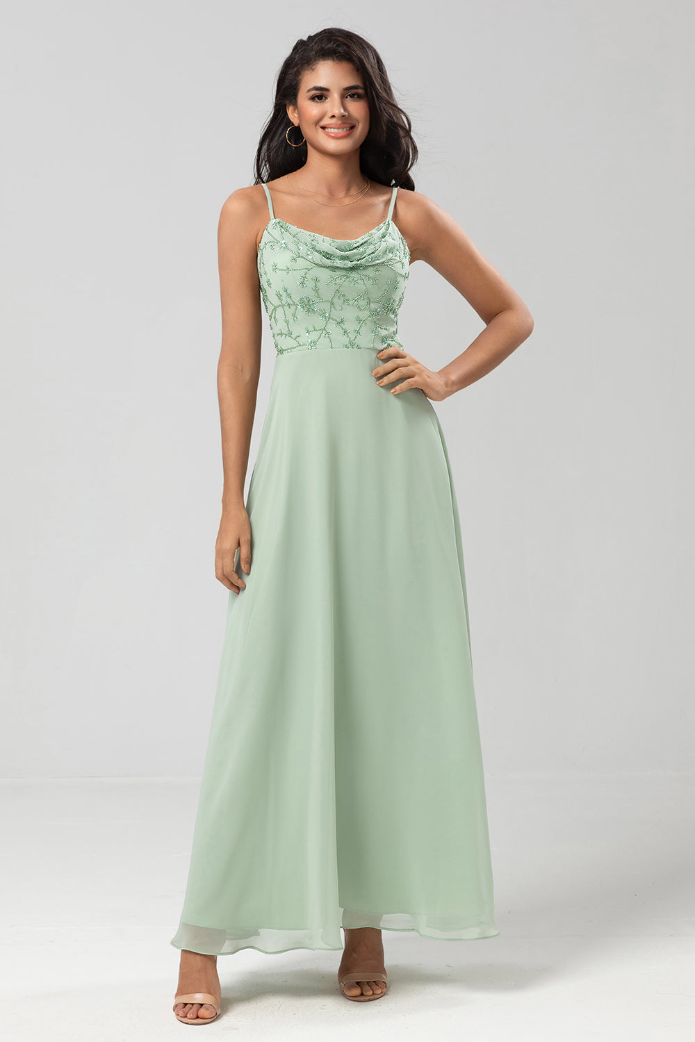 Dusty Sage A-Line Spaghetti Straps Embroidered Chiffon Bridesmaid Dress