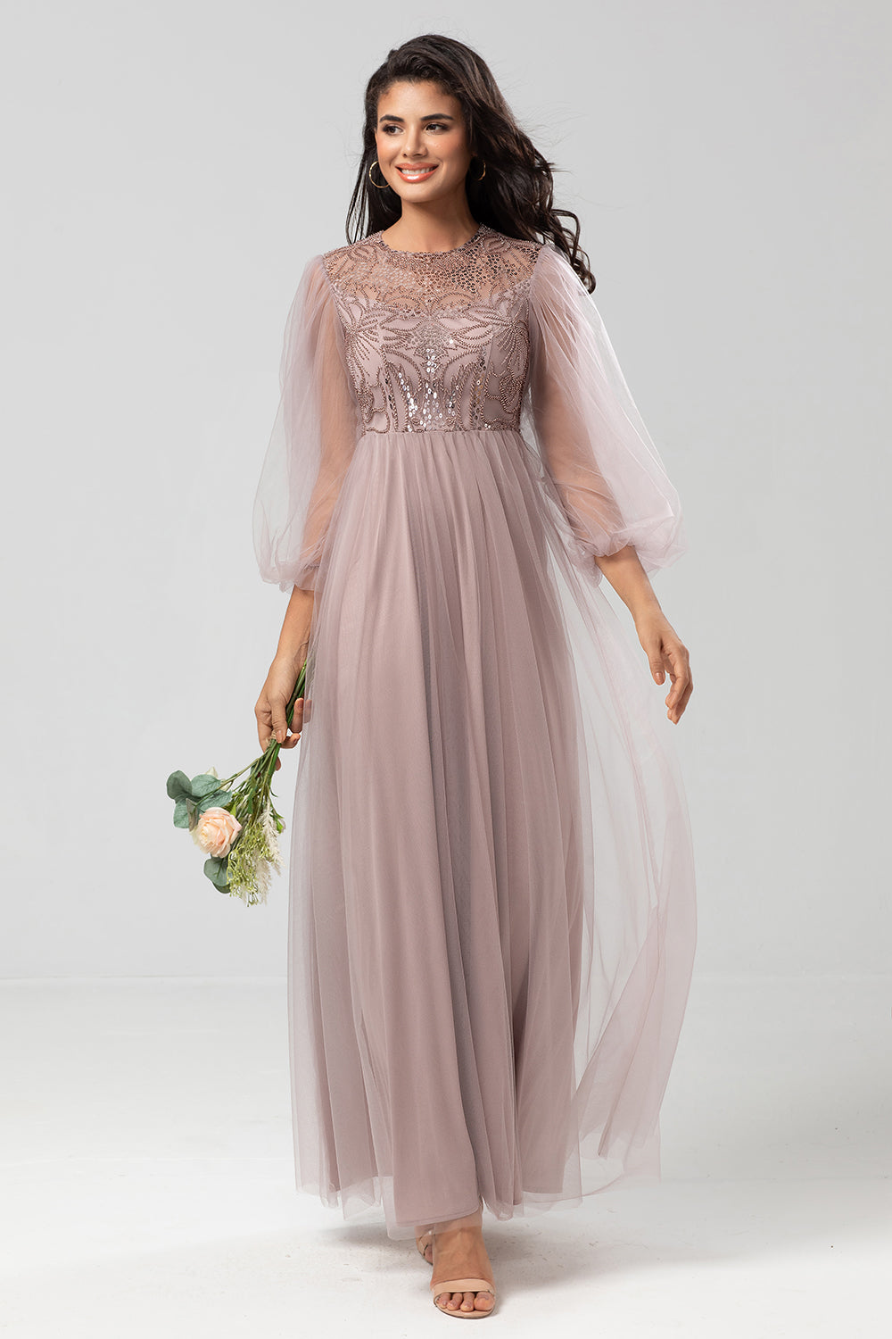 A-Line Tulle Beaded Dusty Blue Bridesmaid Dress with Long Sleeves