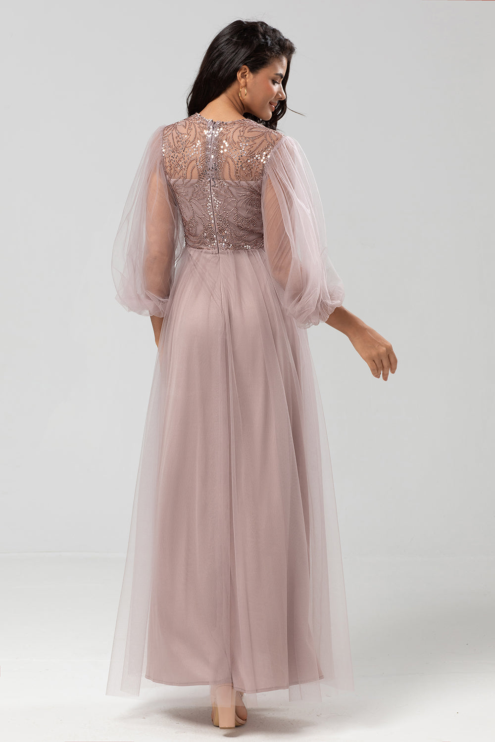 A-Line Tulle Beaded Dusty Blue Bridesmaid Dress with Long Sleeves