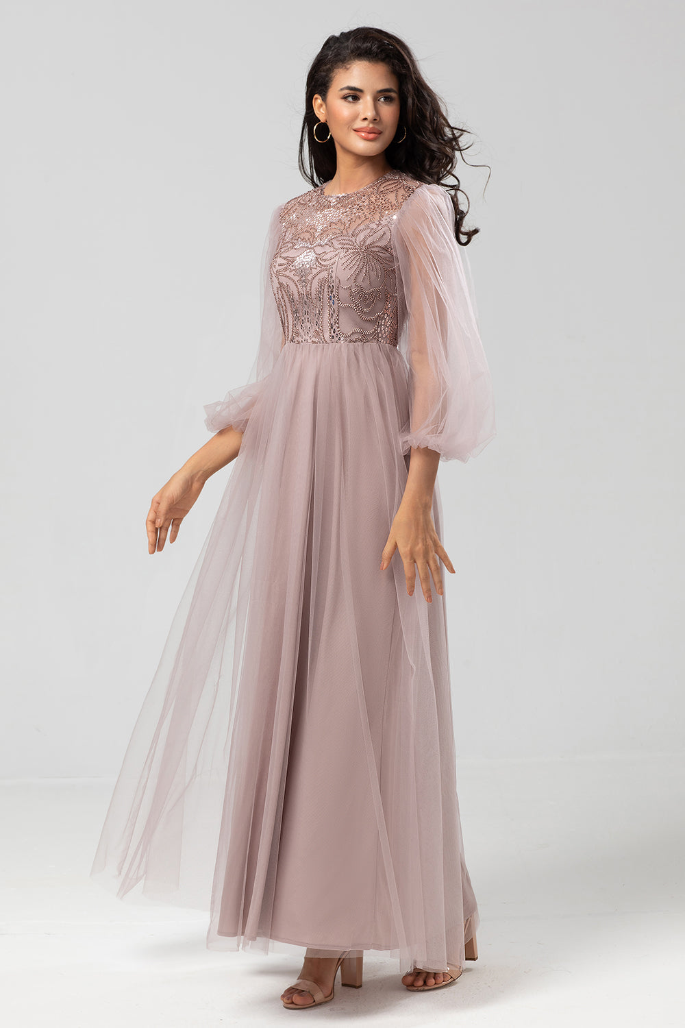 A-Line Tulle Beaded Dusty Blue Bridesmaid Dress with Long Sleeves